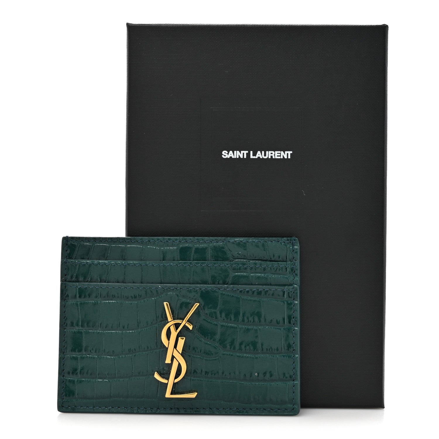 Saint Laurent Calfskin Crocodile Embossed Monogram Credit Card