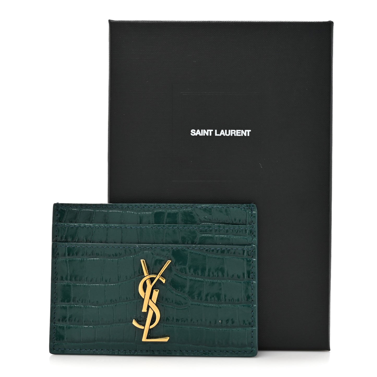 Calfskin Crocodile Embossed Monogram Credit Card Case Foliage Green