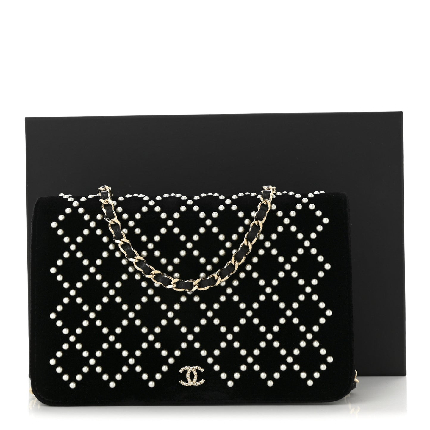 Velvet Pearl Diamond Embellished Wallet On Chain WOC Black