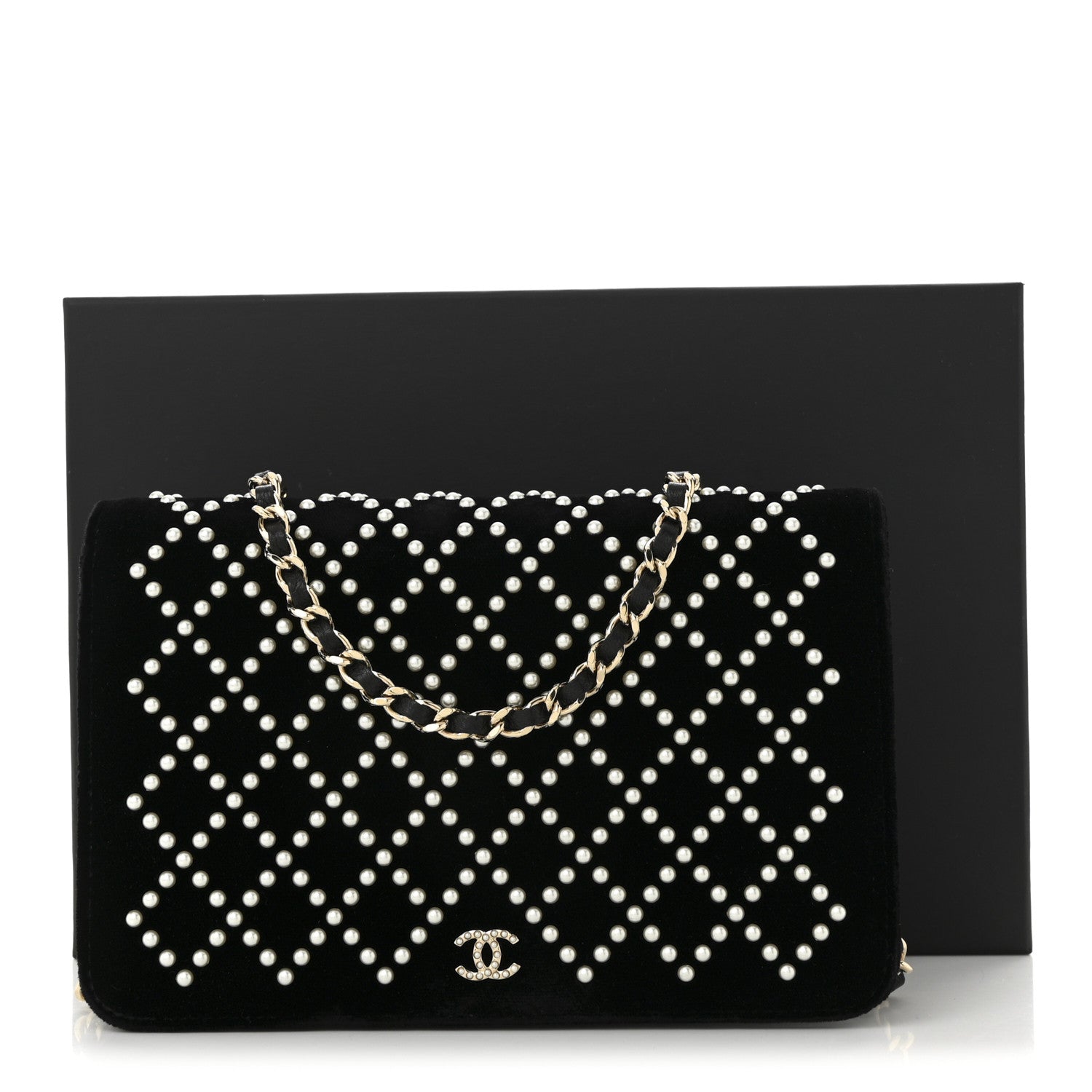 Chanel Velvet Pearl Diamond Embellished Wallet On Chain WOC Black 12 of 12