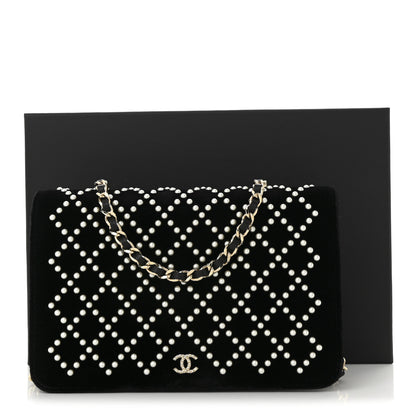 Chanel Velvet Pearl Diamond Embellished Wallet On Chain WOC Black 12 of 12