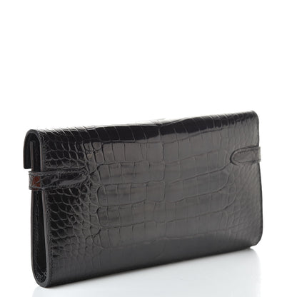 Hermes Shiny Alligator Kelly Longue Wallet Black 3 of 21