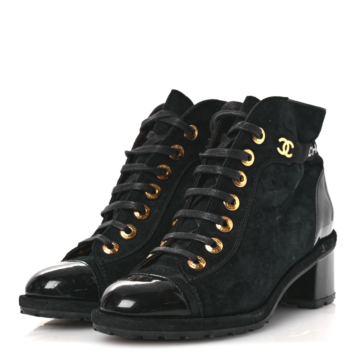 Chanel Suede Patent Cap Toe CC Ankle Boots 40.5 Black 4 of 13