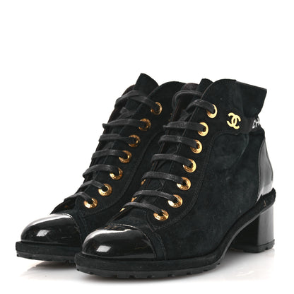 Chanel Suede Patent Cap Toe CC Ankle Boots 40.5 Black 4 of 13