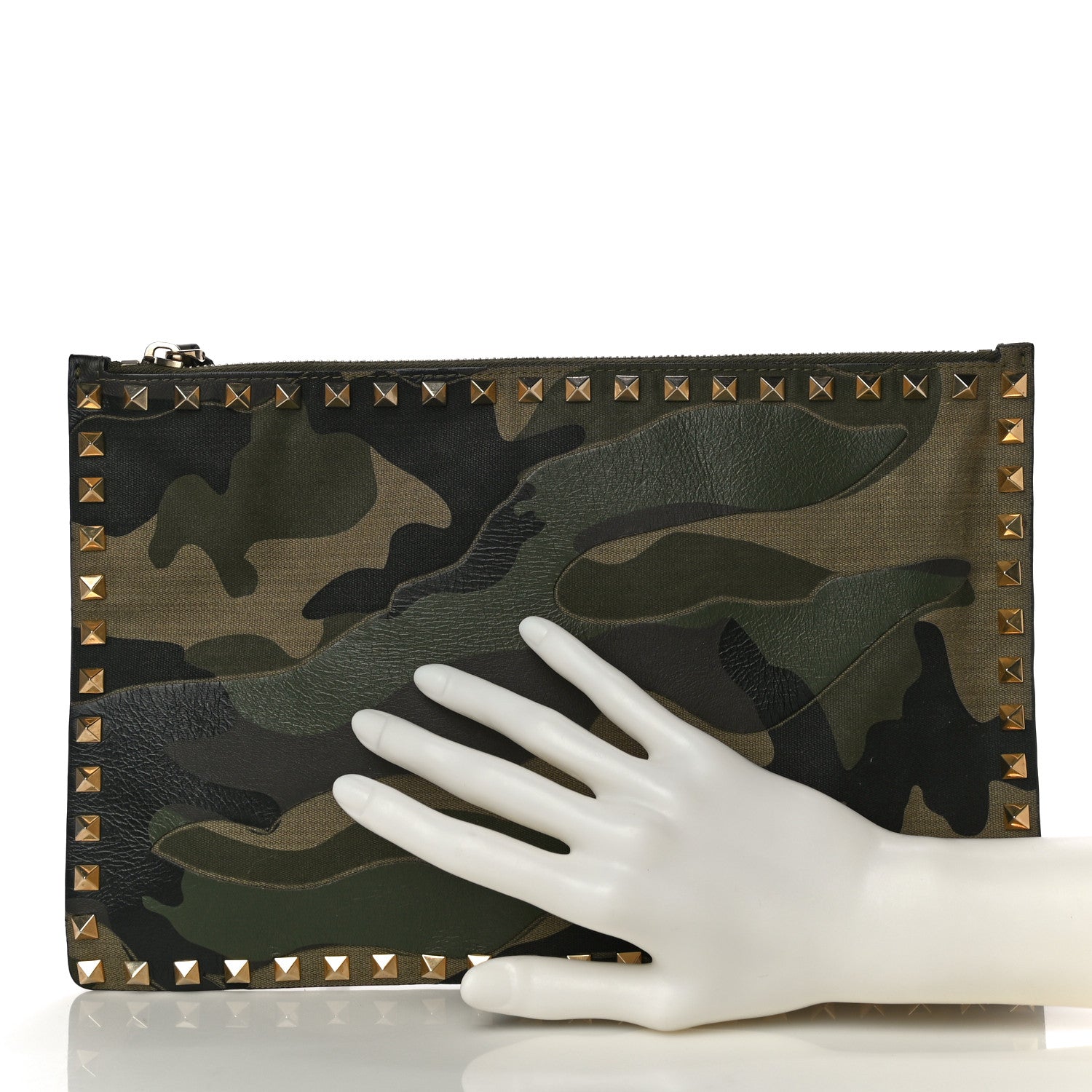 Valentino Garavani Nappa Canvas Camouflage Large Rockstud Zip Pouch Green 2 of 9