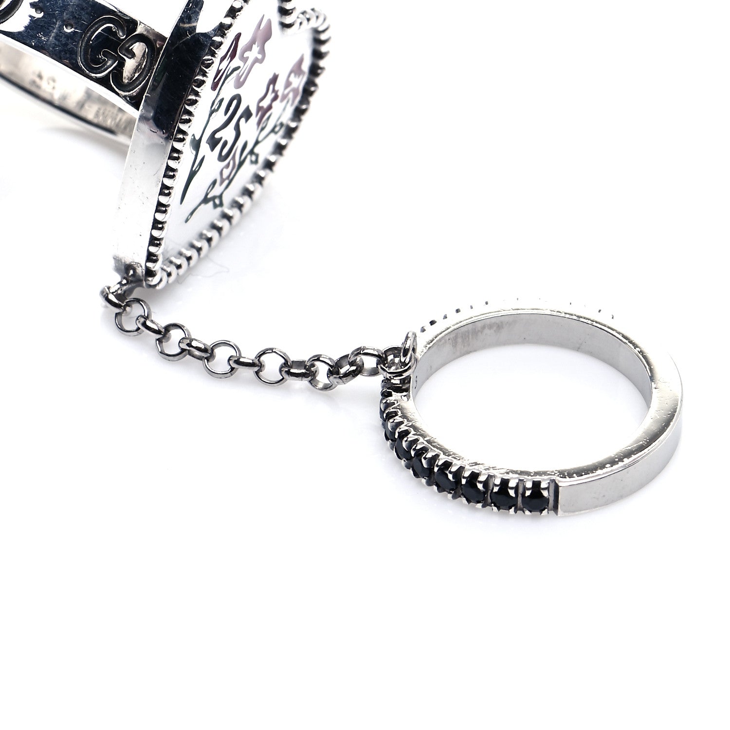 Gucci Sterling Silver Black Onyx Heart 25 Chain Ring 53 6.5 6 of 7