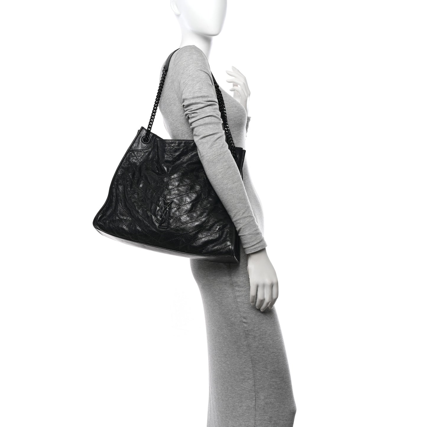 Crinkled Calfskin Matelasse Monogram Large Niki Shopper Tote Black