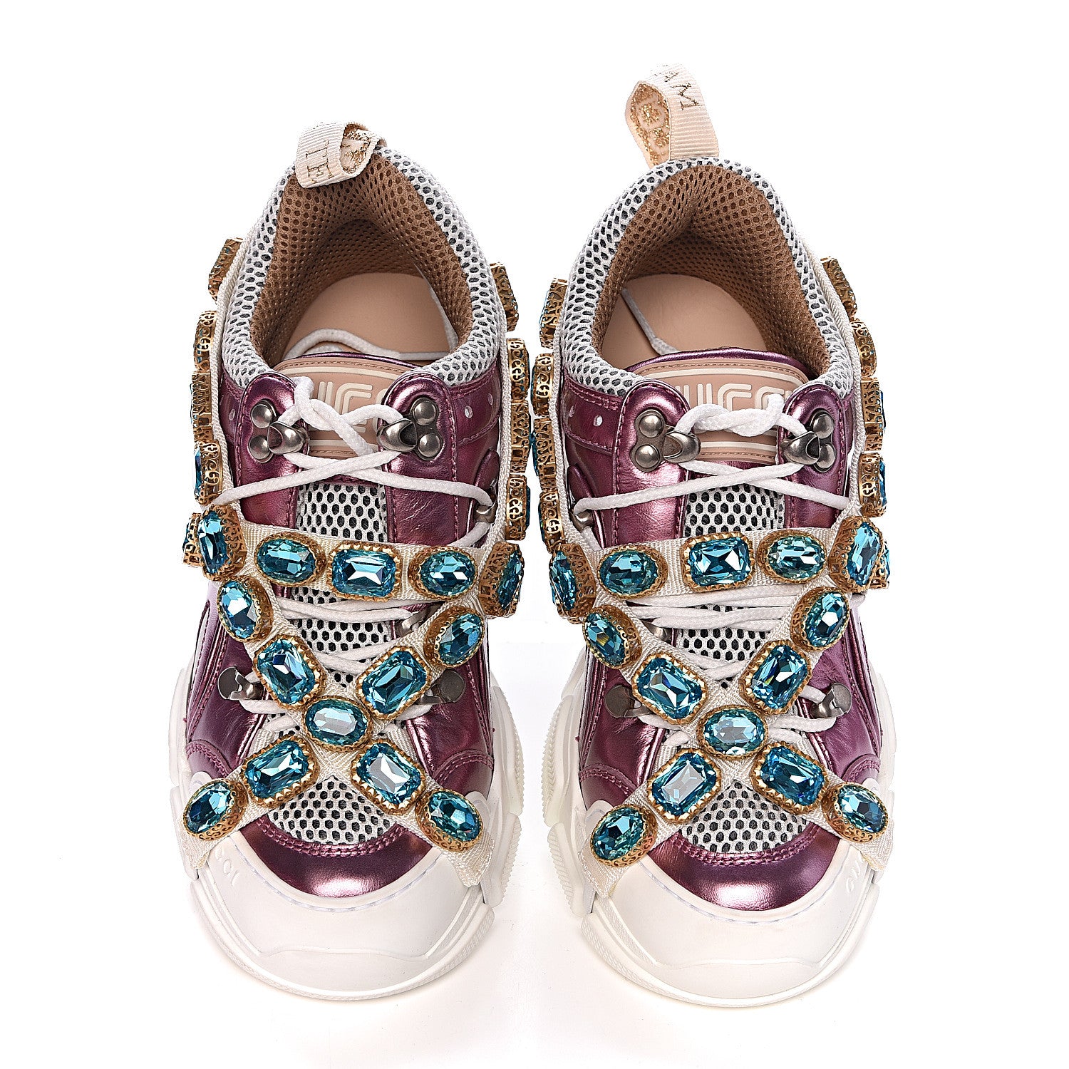 Gucci X SEGA Metallic Calfskin Mesh Removable Crystals Womens Flashtrek Sneakers 36 Rosa Great White Silver 9 of 10