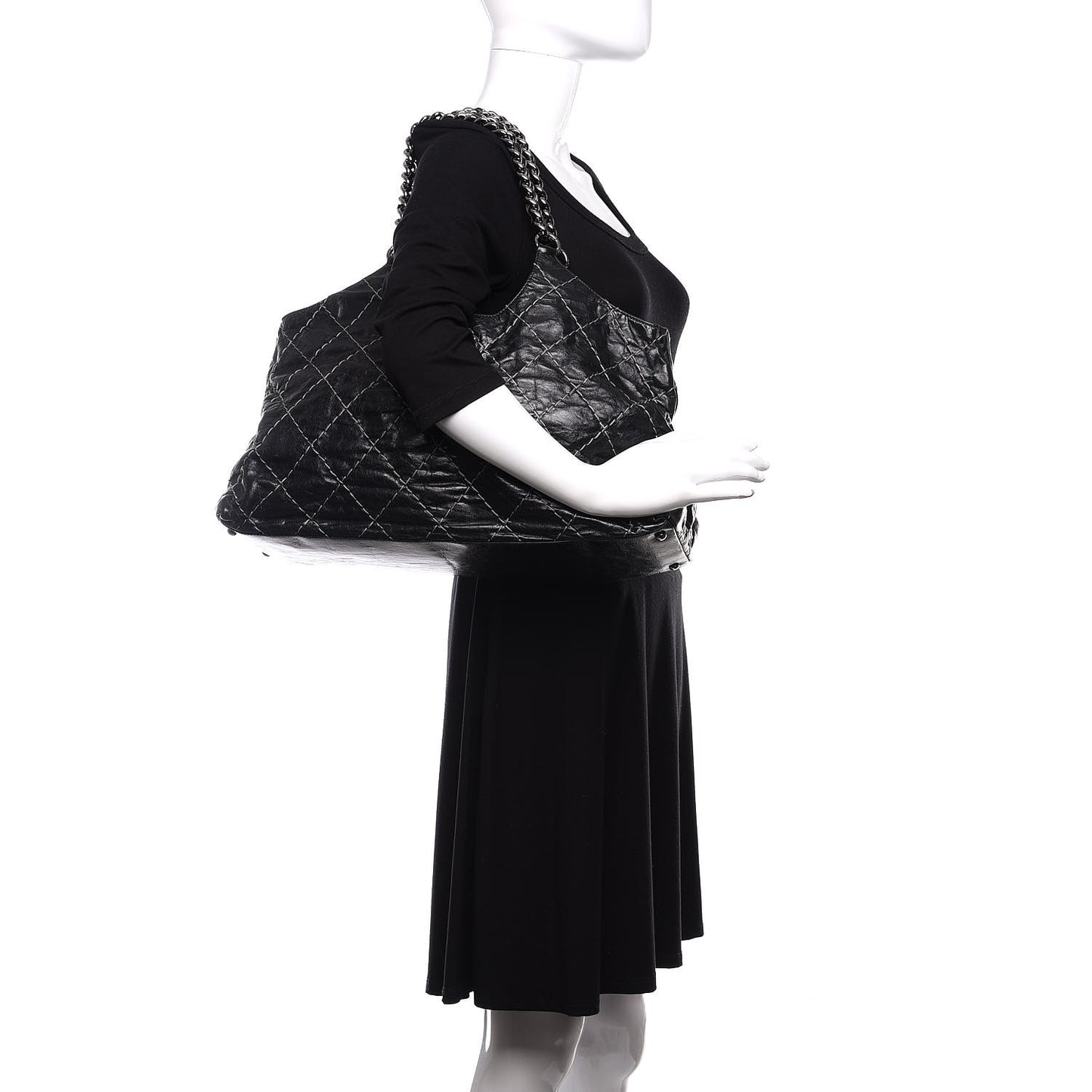 Glazed Goatskin Double Contrast Stitch Tote Black