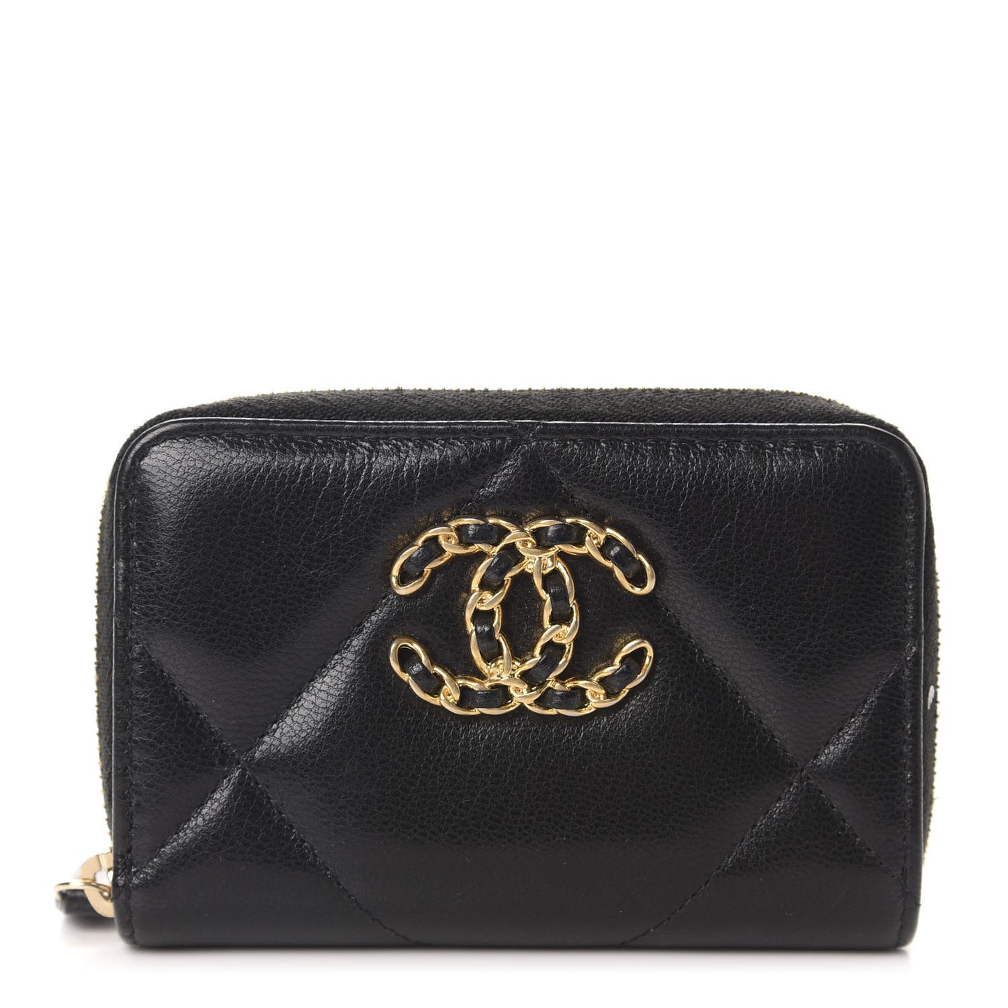 Shiny Goatskin Quilted Chanel 19 Zip Around Coin Purse Wallet Black