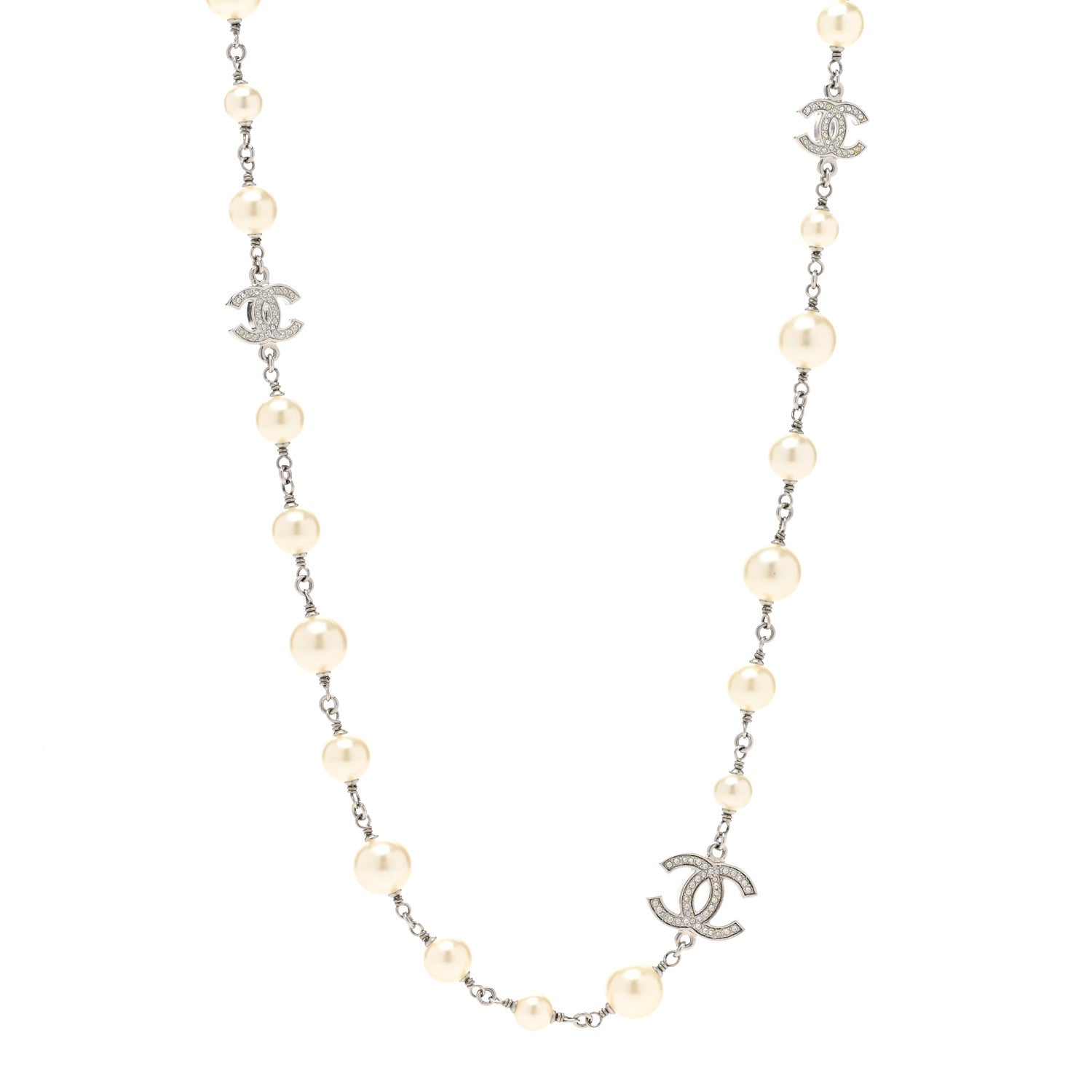 Chanel Graduated Pearl Crystal CC Long Necklace Silver 1 of 6