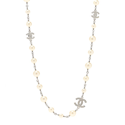 Chanel Graduated Pearl Crystal CC Long Necklace Silver 1 of 6