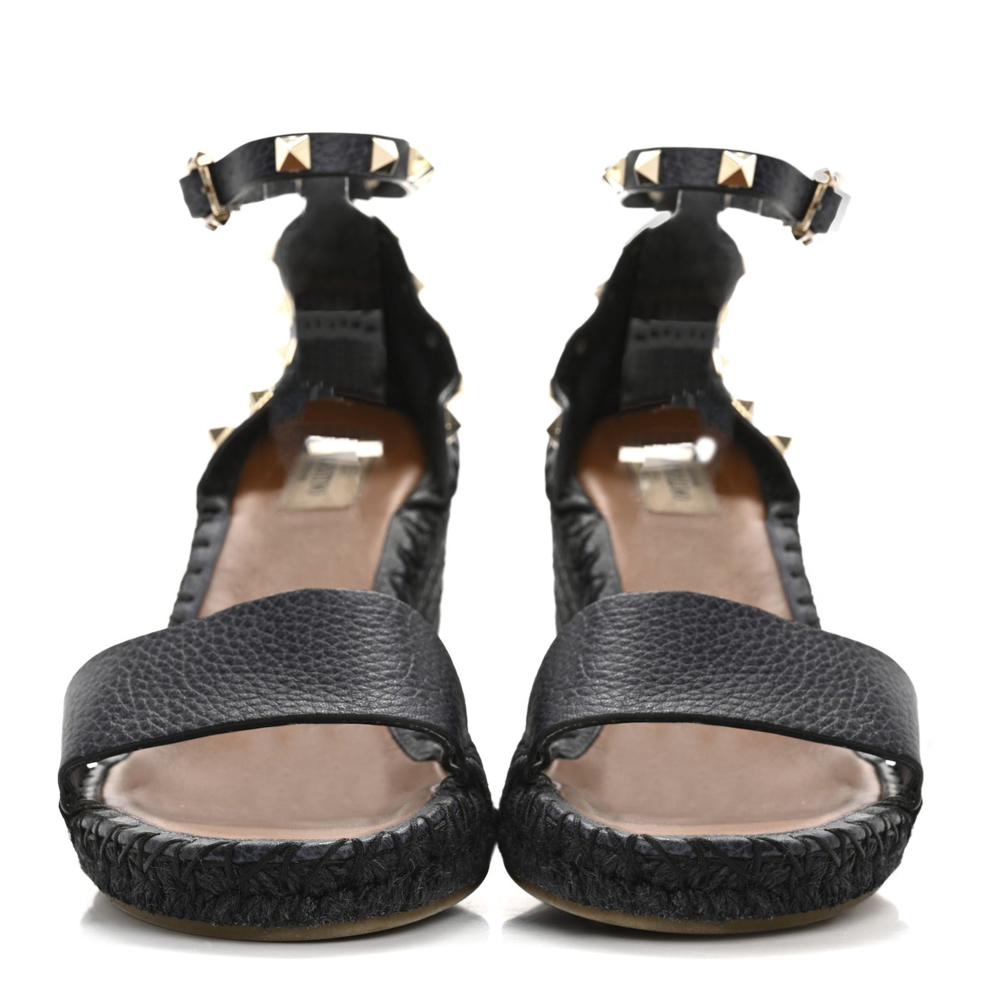 Grained Calfskin Rockstud Ankle Strap Espadrille 15/105mm Wedge Sandals 41 Black