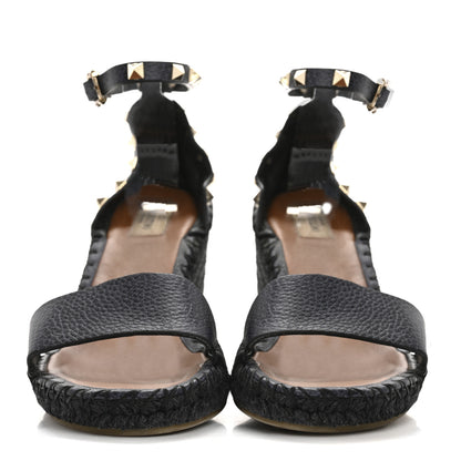 Valentino Garavani Grained Calfskin Rockstud Ankle Strap Espadrille 15/105mm Wedge Sandals 41 Black 3 of 14