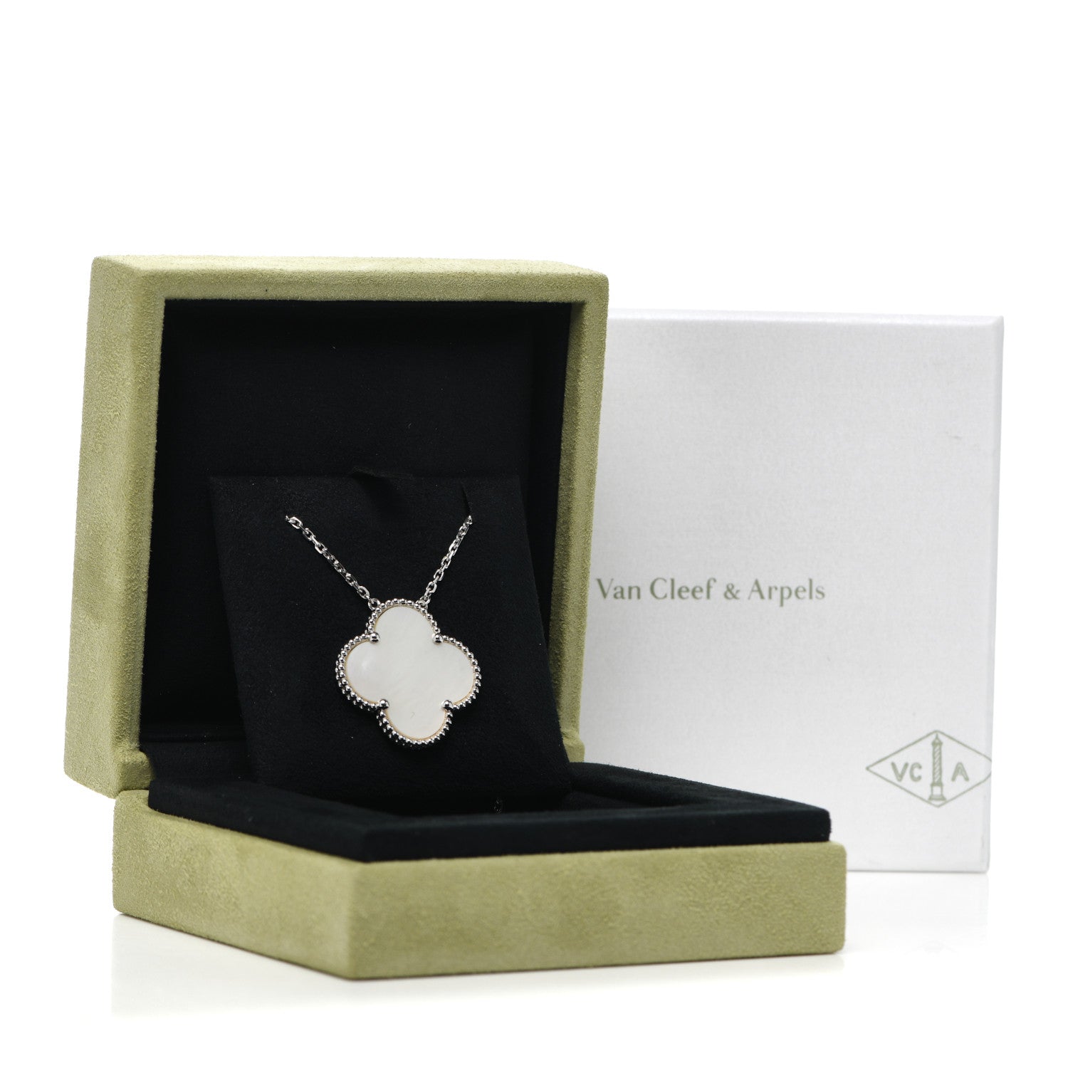 Van Cleef & Arpels 18K White Gold Mother of Pearl Magic Alhambra Pendant Necklace 8 of 8