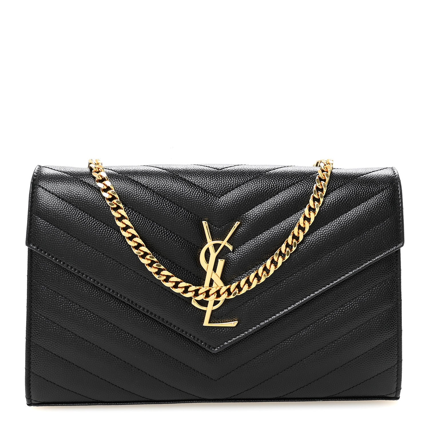 Saint Laurent Grain De Poudre Matelasse Chevron Monogram Chain Wallet Black 1 of 10