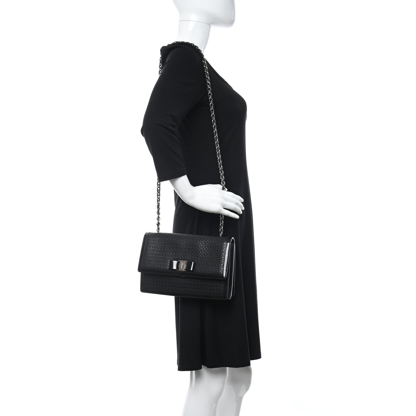 Perforated Calfskin Patent Ginny Bow Crossbody Bag Black
