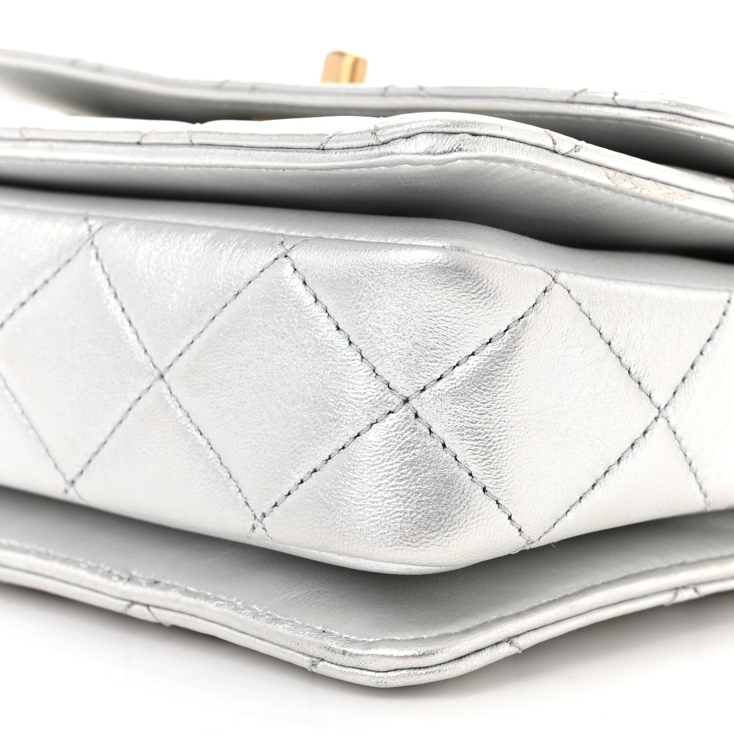 Metallic Calfskin Quilted Mini Metal Top Handle Flap Silver