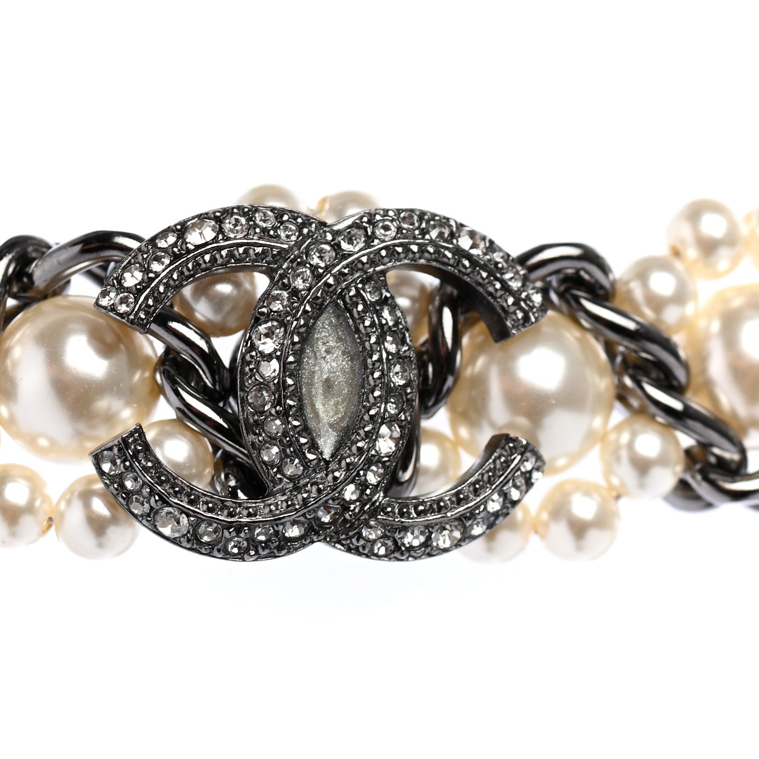 Chanel Crystal Pearl CC Braided Necklace Silver Pearly White 4 of 5