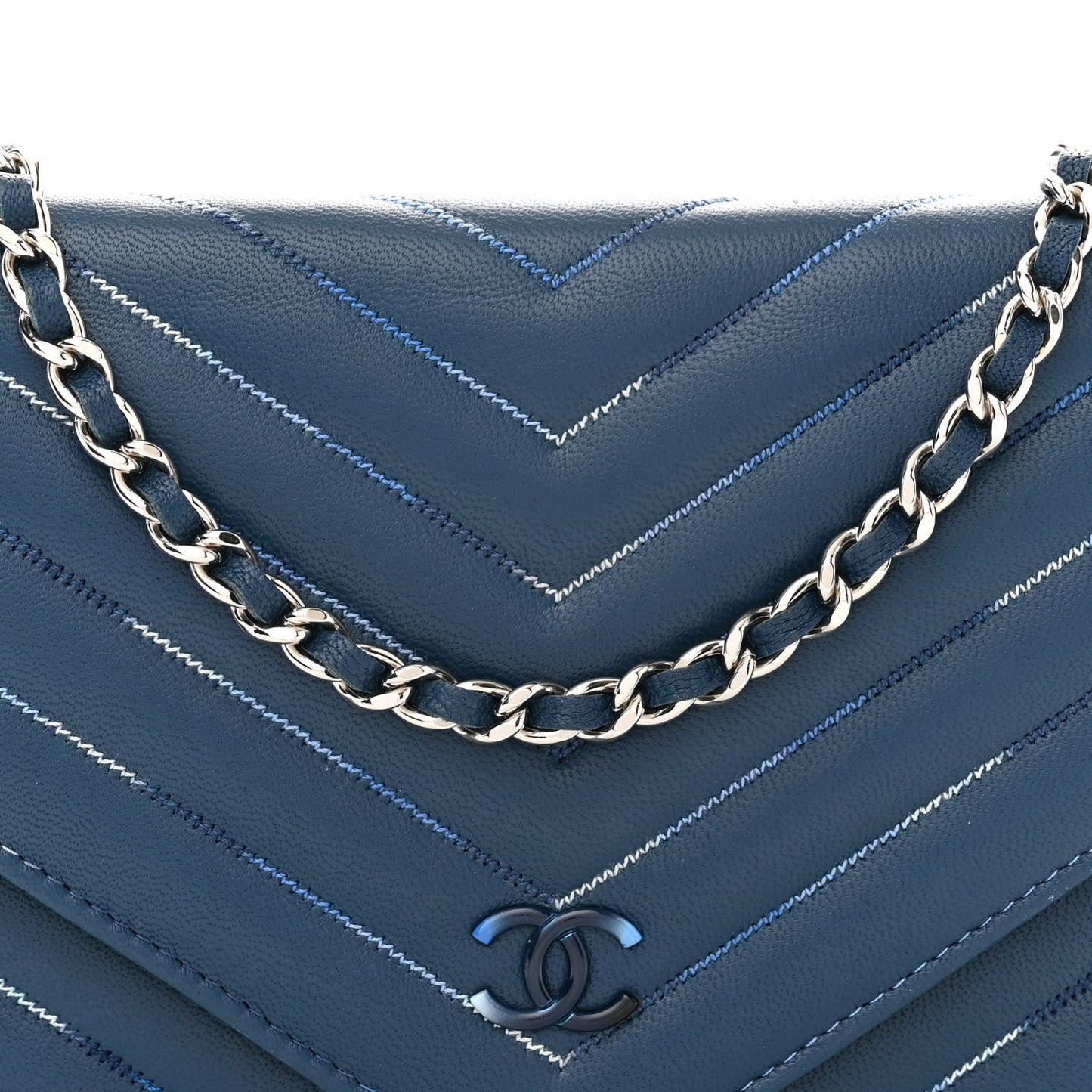 Lambskin Chevron Quilted Stitched Wallet On Chain WOC Blue