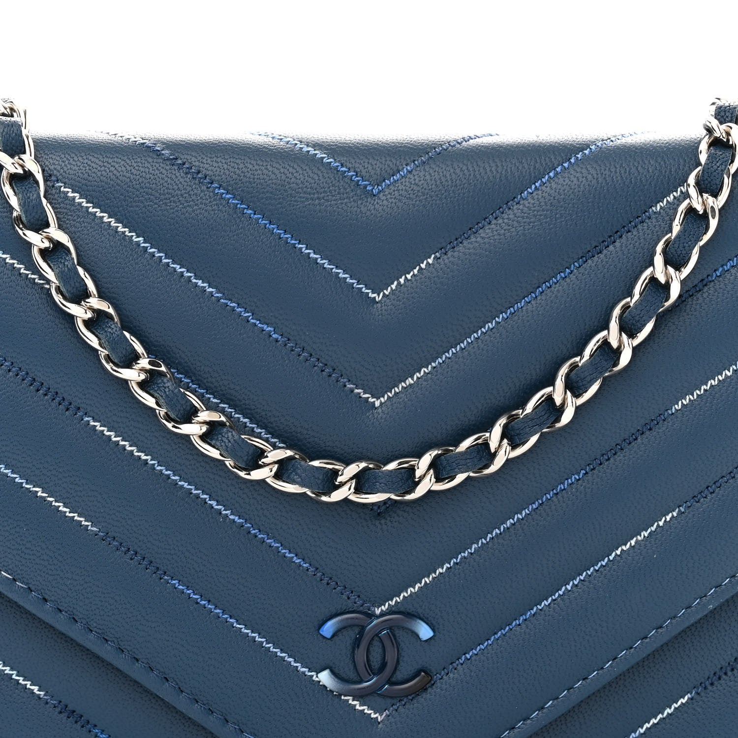 Chanel Lambskin Chevron Quilted Stitched Wallet On Chain WOC Blue 9 of 12