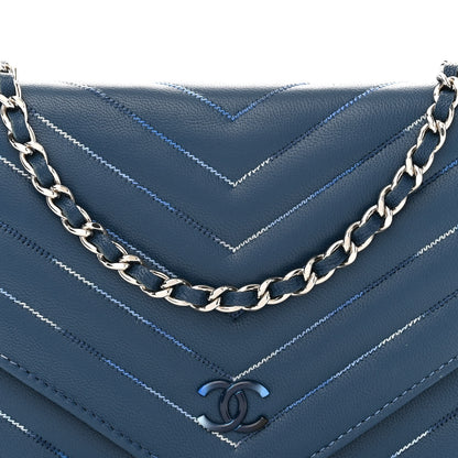 Chanel Lambskin Chevron Quilted Stitched Wallet On Chain WOC Blue 9 of 12