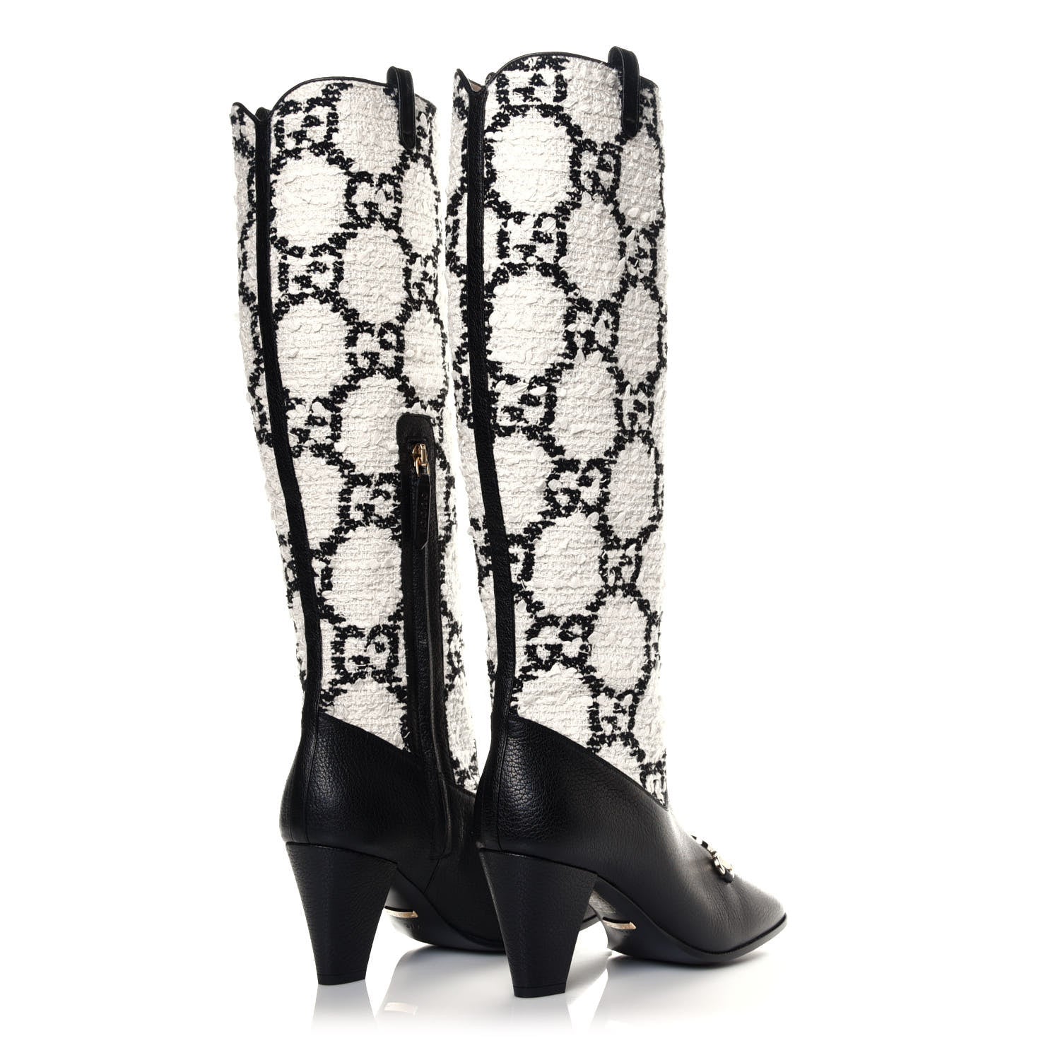 Gucci Tweed GG Monogram Wrinkled Kid Zumi Knee Boots 37.5 Natural Black 4 of 6