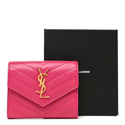 Saint Laurent Grain De Poudre Matelasse Chevron Monogram Compact Tri Fold Wallet Fuschia 13 of 13