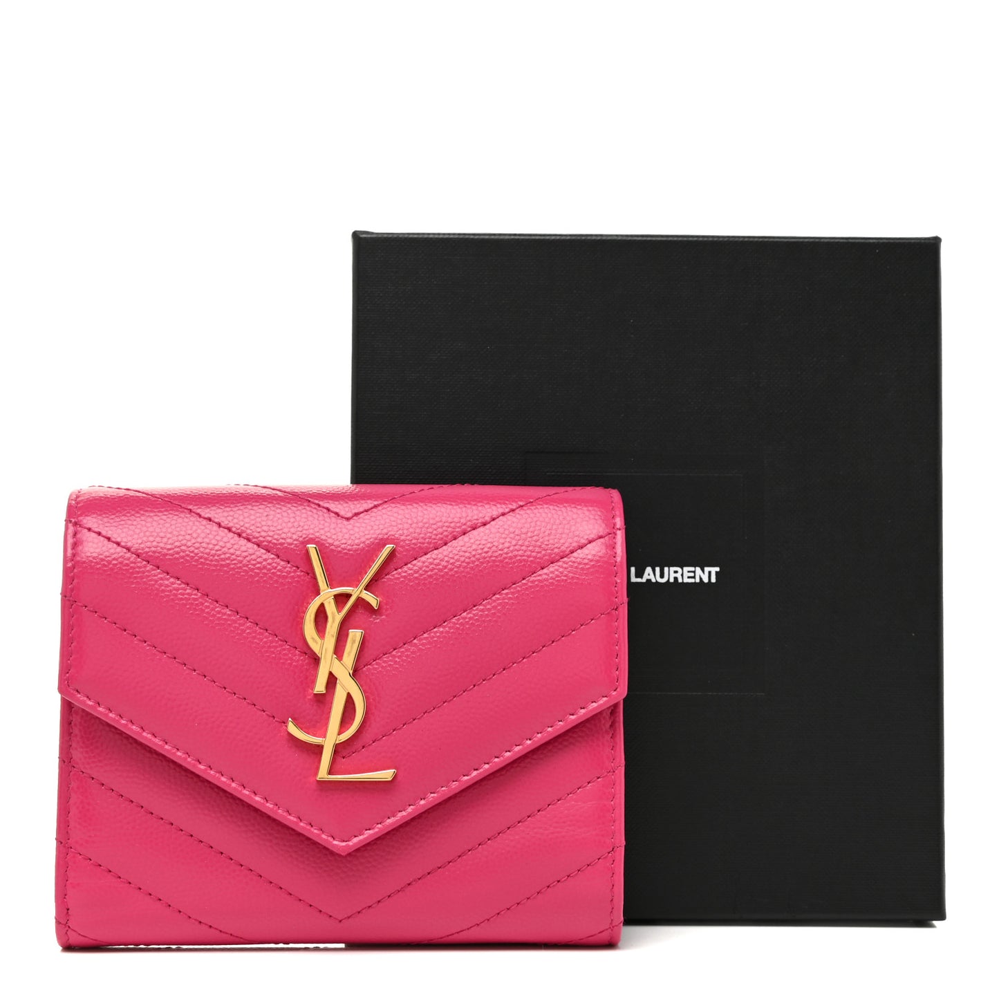 Grain De Poudre Matelasse Chevron Monogram Compact Tri Fold Wallet Fuschia