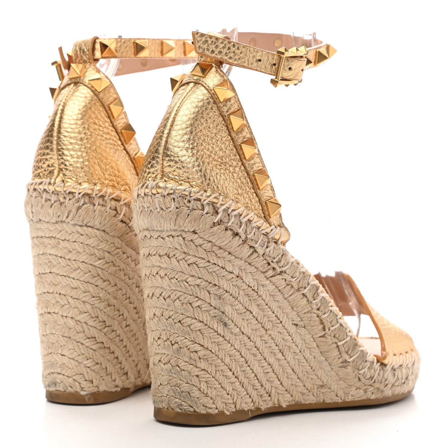 Valentino Garavani Metallic Pebbled Calfskin Rockstud Ankle Strap Espadrille 15/105mm Wedge Sandals 35 Antique Brass Natural 4 of 11