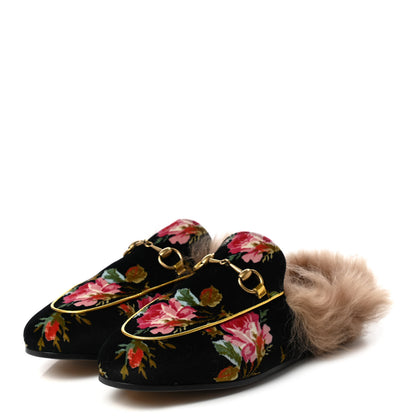 Gucci Velvet Fur Floral Womens Princetown Slippers 37 Black 3 of 7