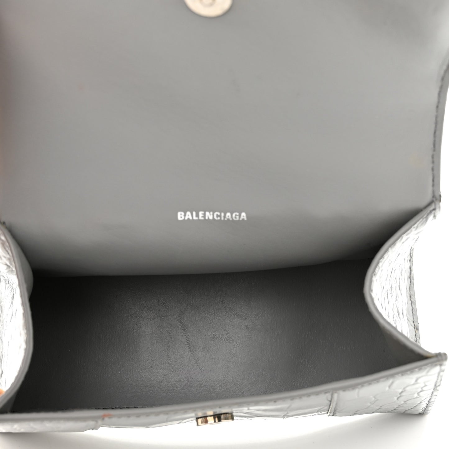Shiny Calfskin Crocodile Embossed Hourglass Top Handle Bag XS Balenciaga Grey