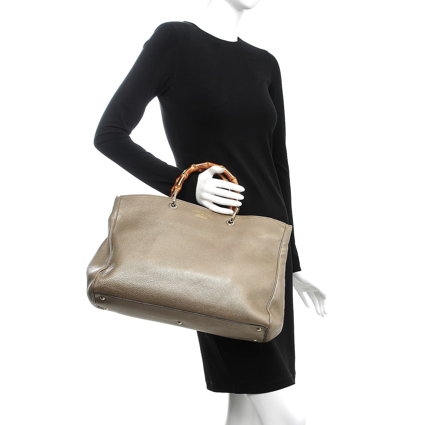 Metallic Pebbled Calfskin Large Bamboo Shopper Tote Golden Beige
