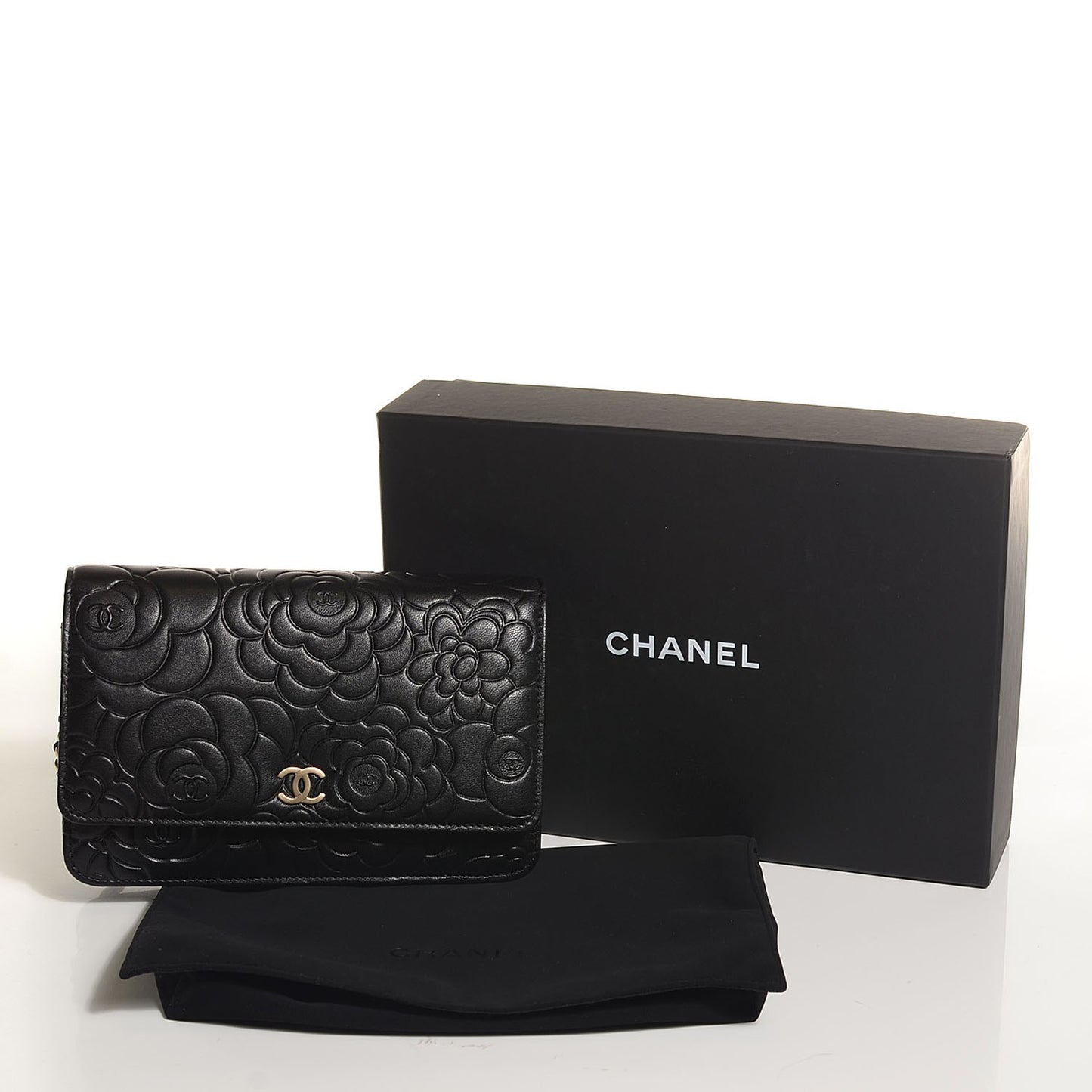 Lambskin Camellia Embossed Wallet on Chain WOC Black
