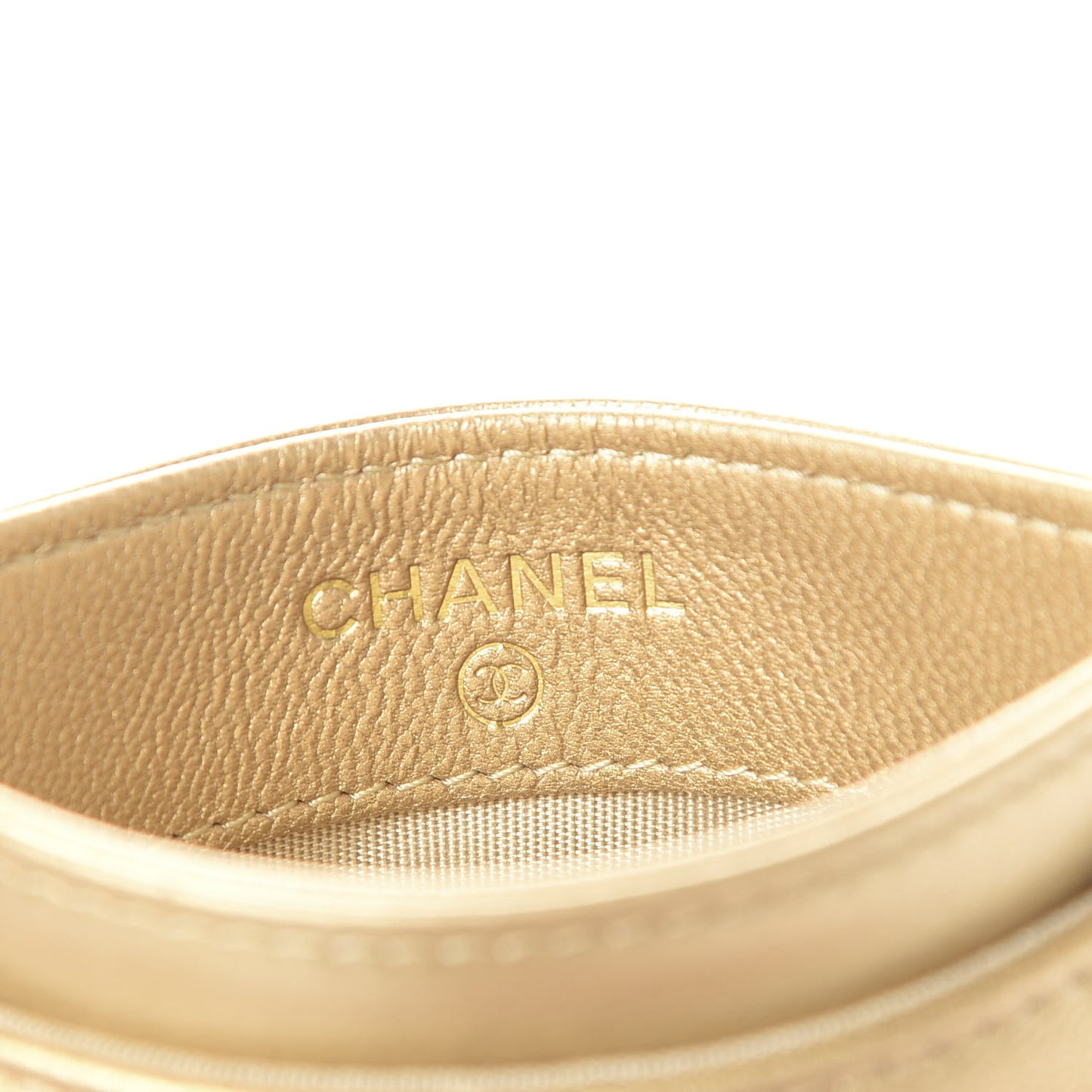 Metallic Goatskin Quilted Chanel 19 Card Holder Gold