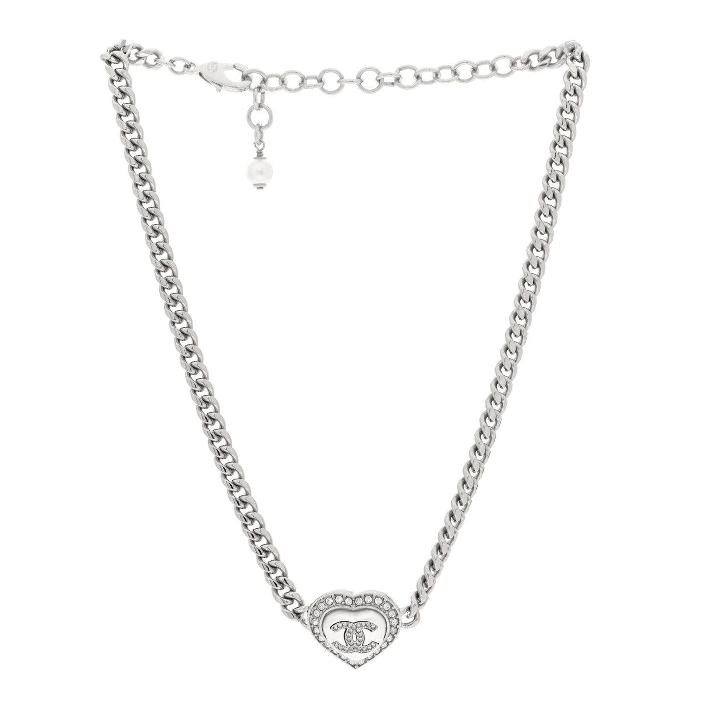 Pearl Crystal CC Heart Choker Necklace Silver