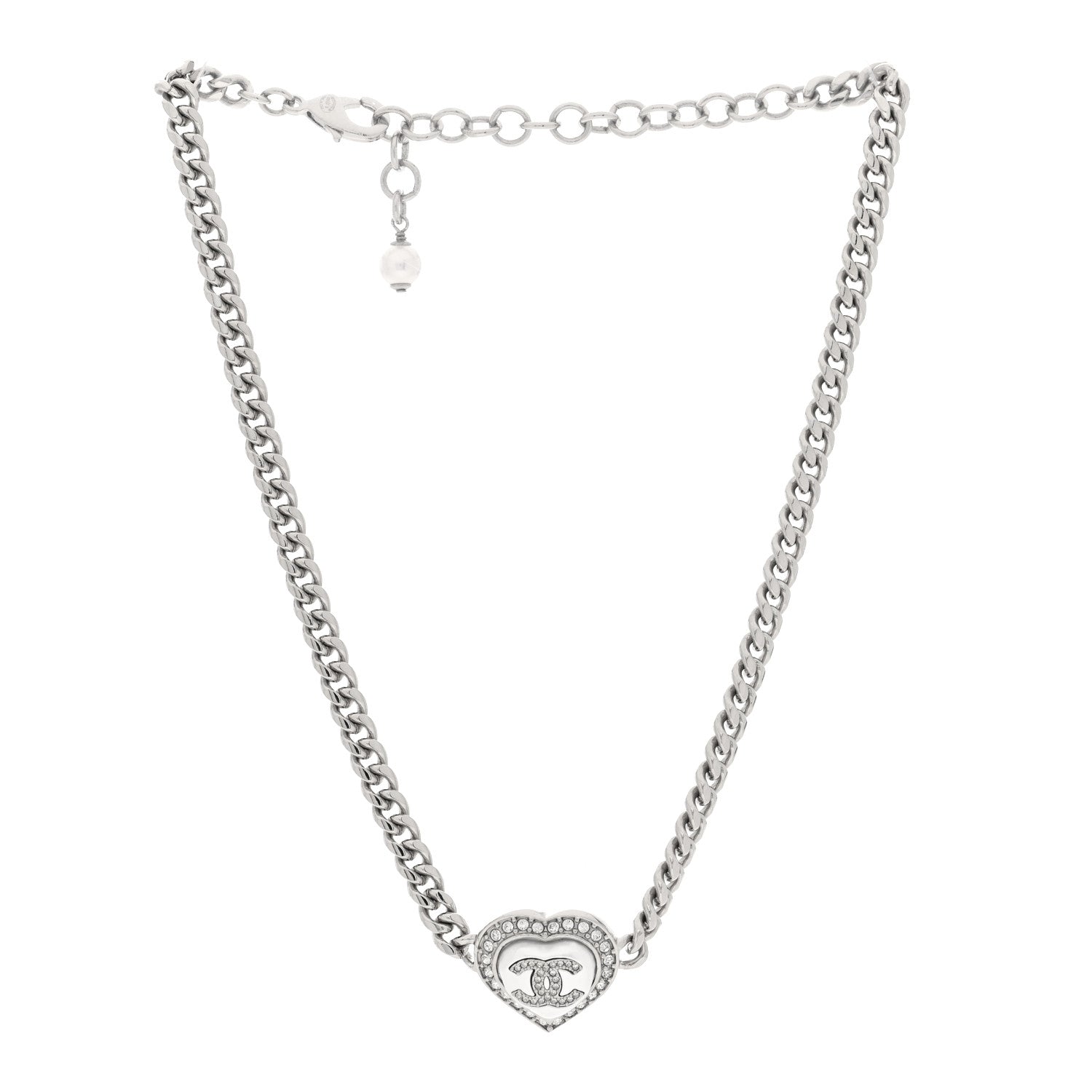 Chanel Pearl Crystal CC Heart Choker Necklace Silver 3 of 4