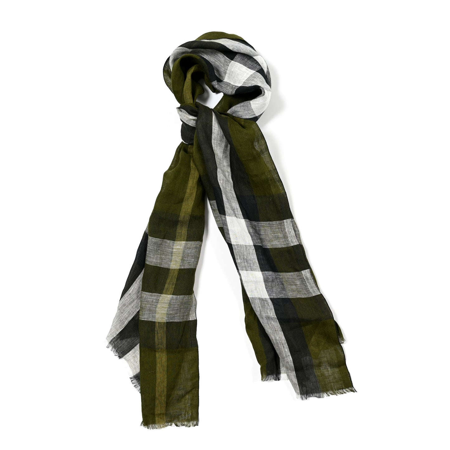 Linen Giant Check Check Lightweight Scarf Olive Green