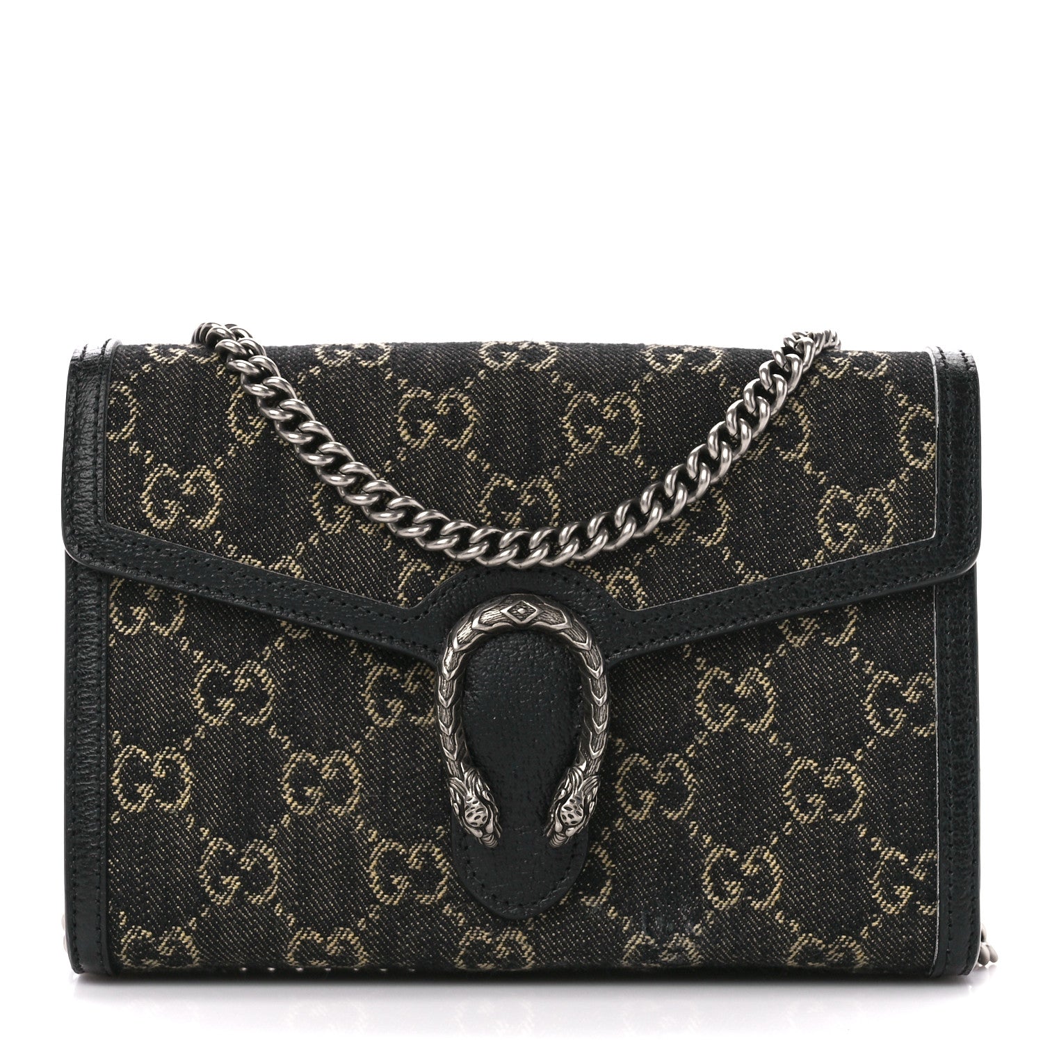 Gucci Jacquard Black Denim GG Monogram Mini Dionysus Chain Wallet Black Ivory 1 of 10