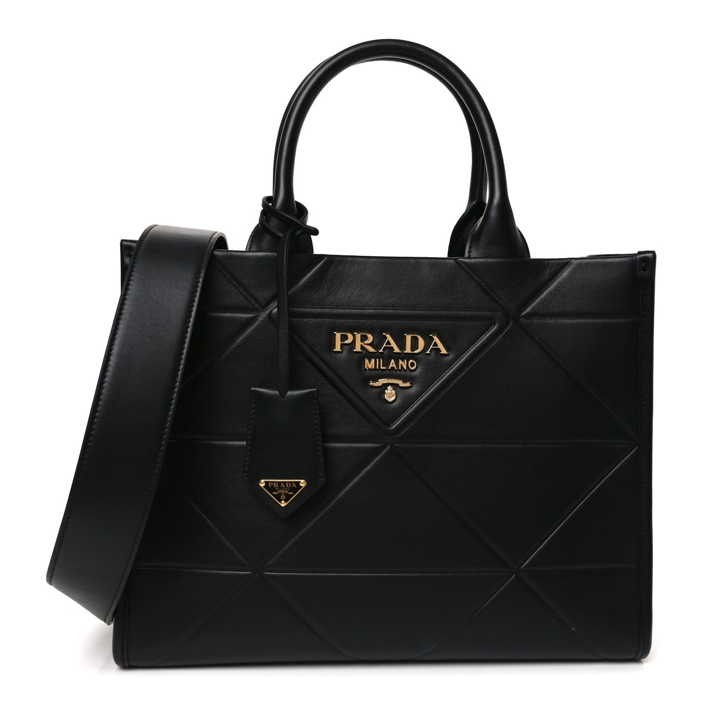 Soft Calfskin Triangolo Symbole Embossed Small Tote Black