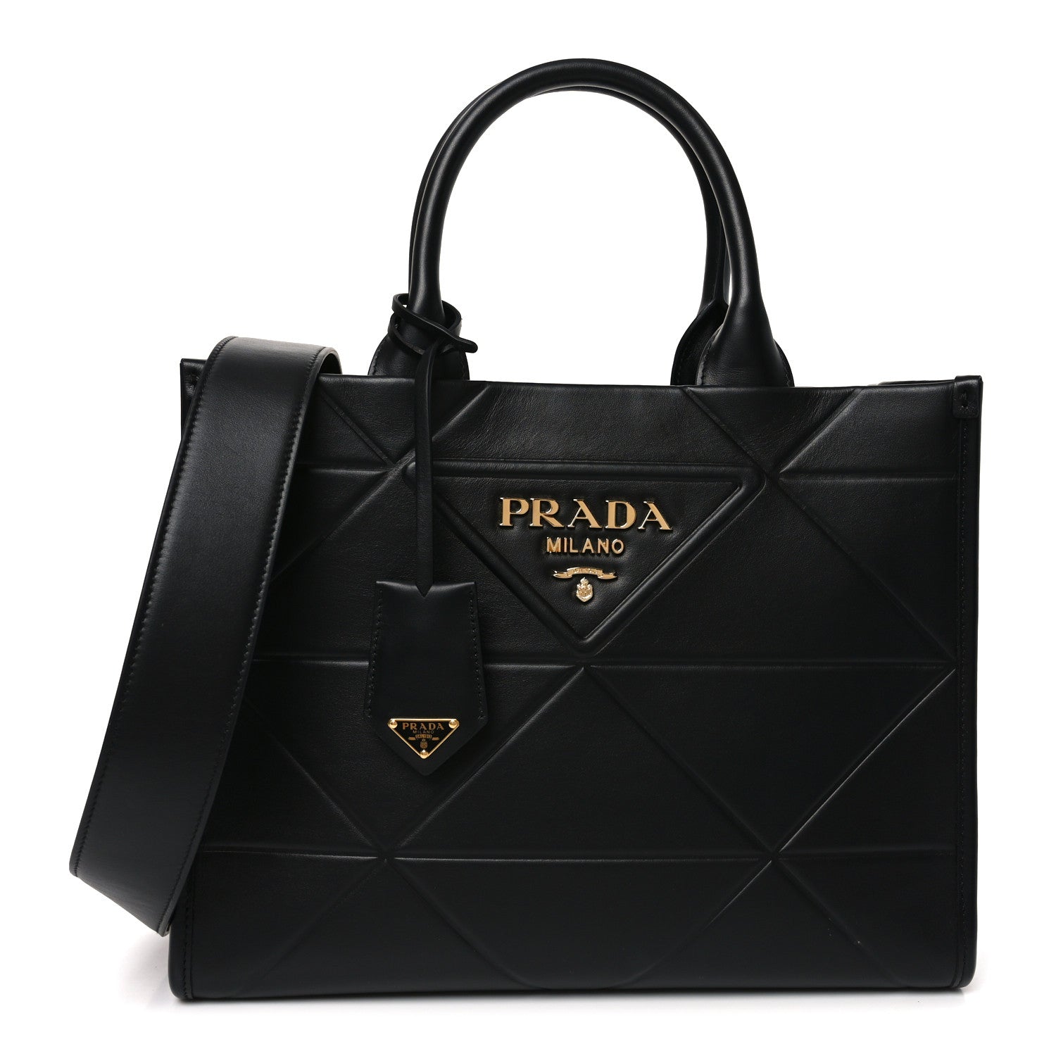 Prada Soft Calfskin Triangolo Symbole Embossed Small Tote Black 1 of 9