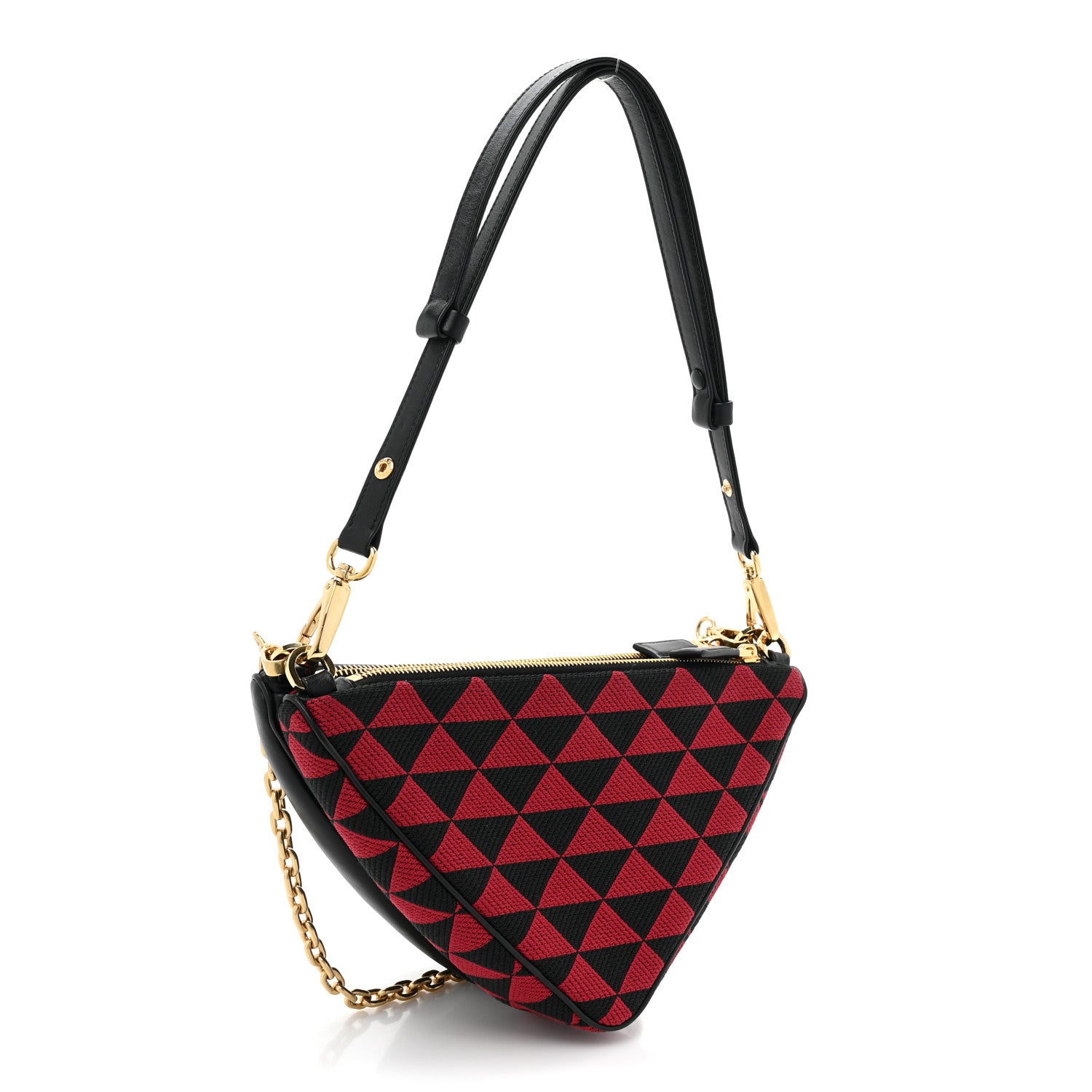 Prada Jacquard Calfskin Triangolo Symbole Embroidered Mini Triangle Double Bag Black Ciliegia 3 of 9