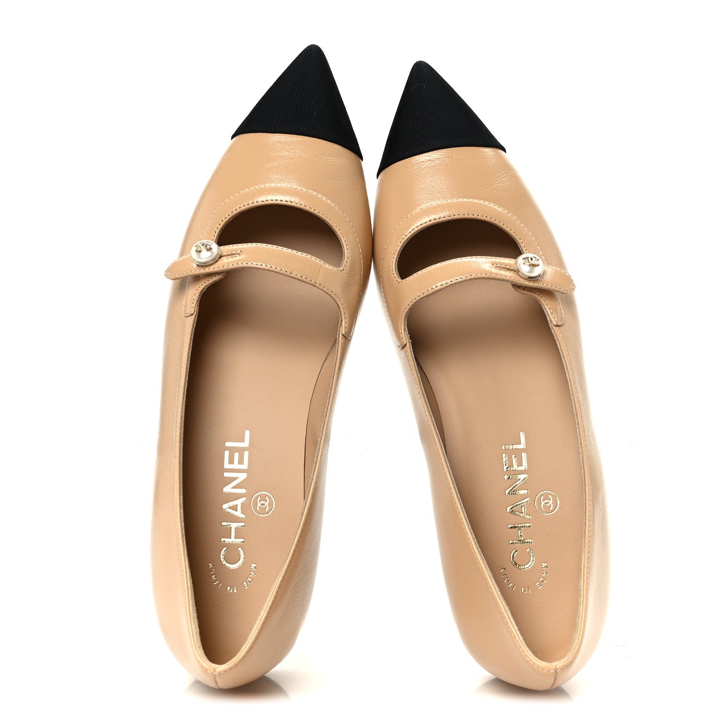 Chanel Shiny Lambskin Grosgrain Pointed Toe CC Ballet Flats 37.5 Beige Black 2 of 10