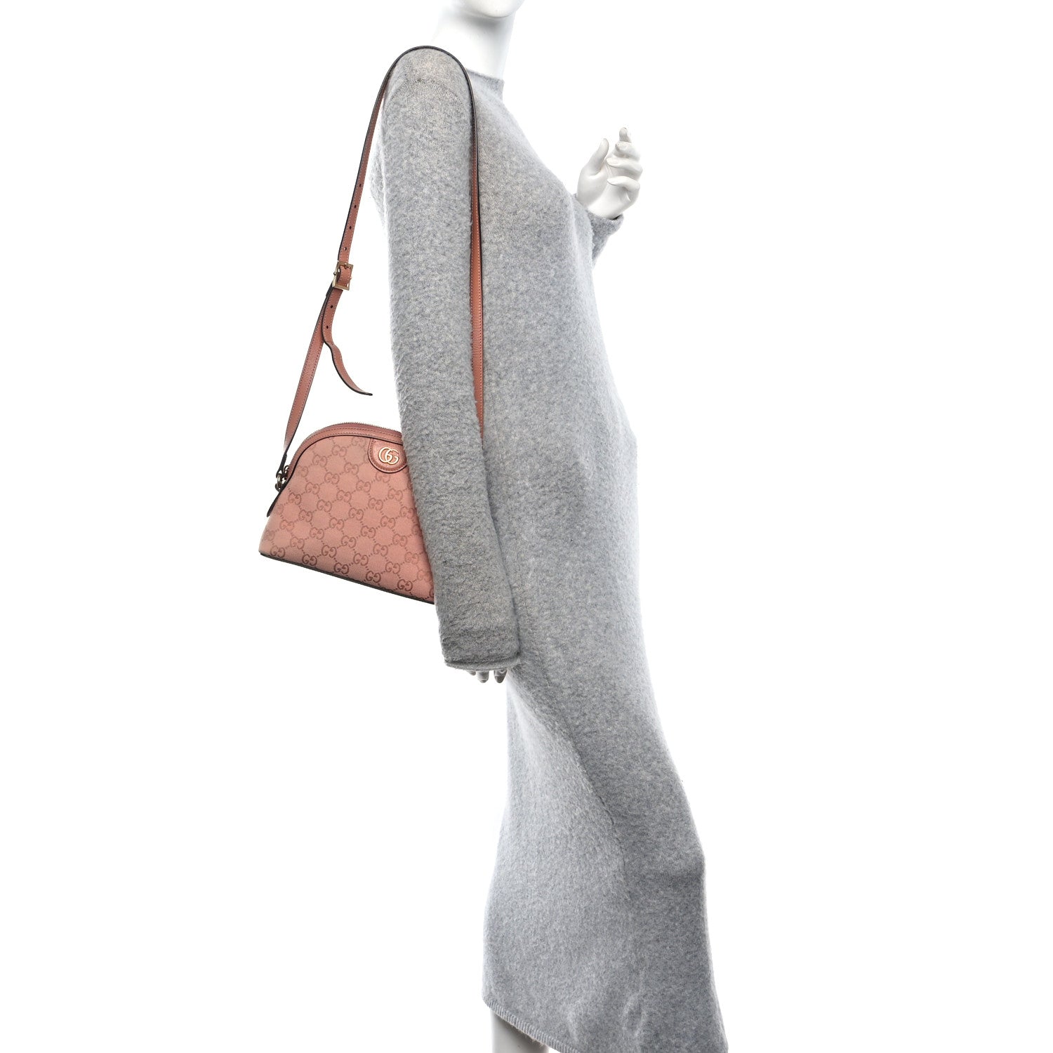 Gucci Monogram Textured Dollar Calfskin Small Ophidia Dome Shoulder Bag Cloche Rose Pink 2 of 12