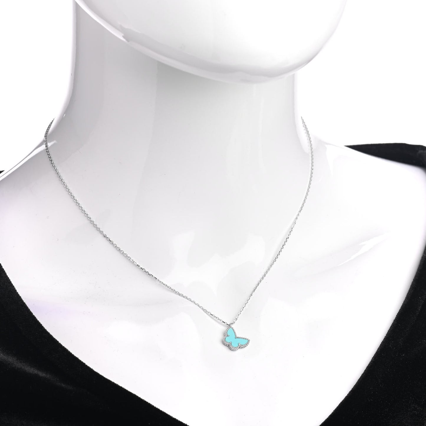 18K White Gold Turquoise Sweet Alhambra Butterfly Pendant Necklace
