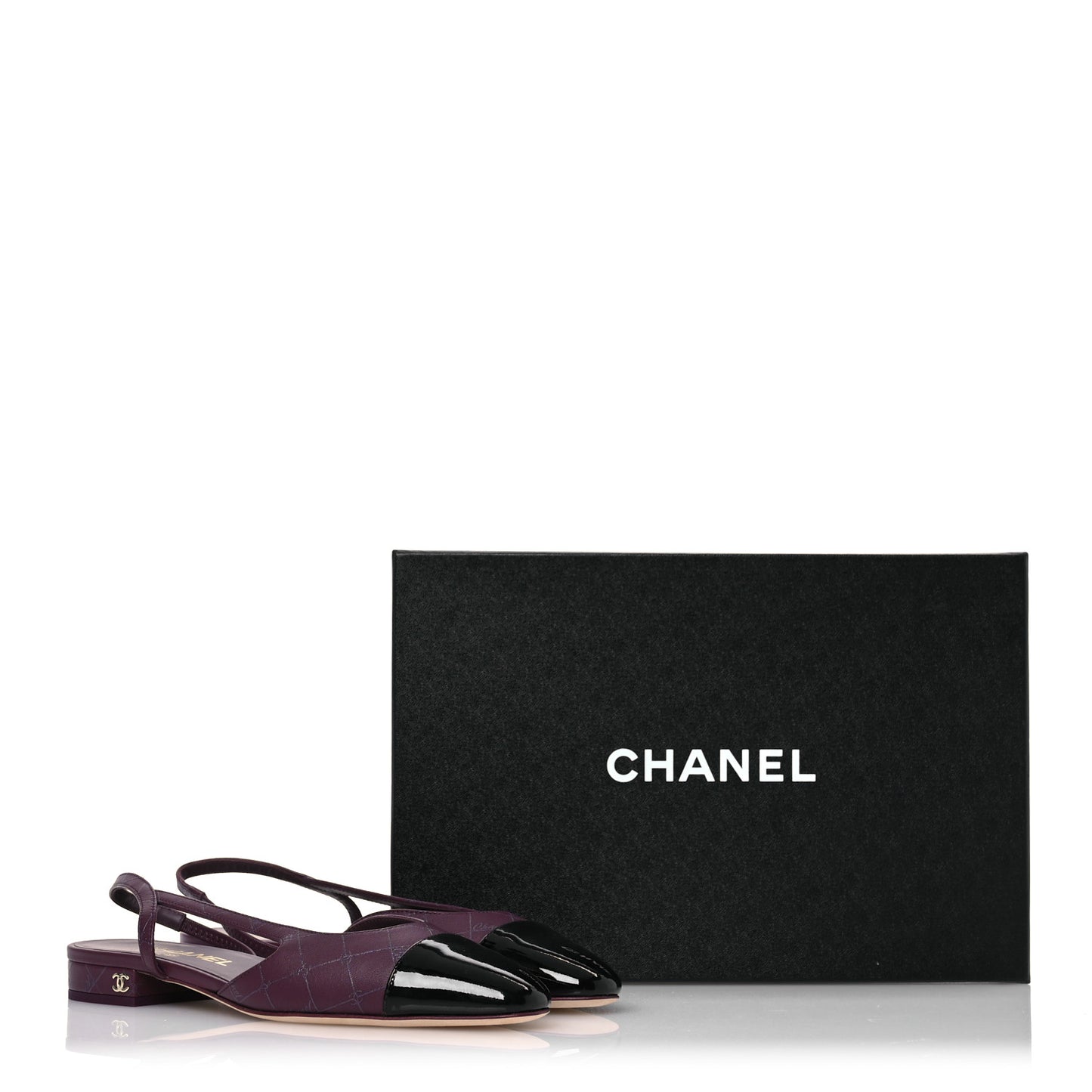 Lambskin Patent Cap Toe CC Slingback Flats 37.5 Burgundy Black