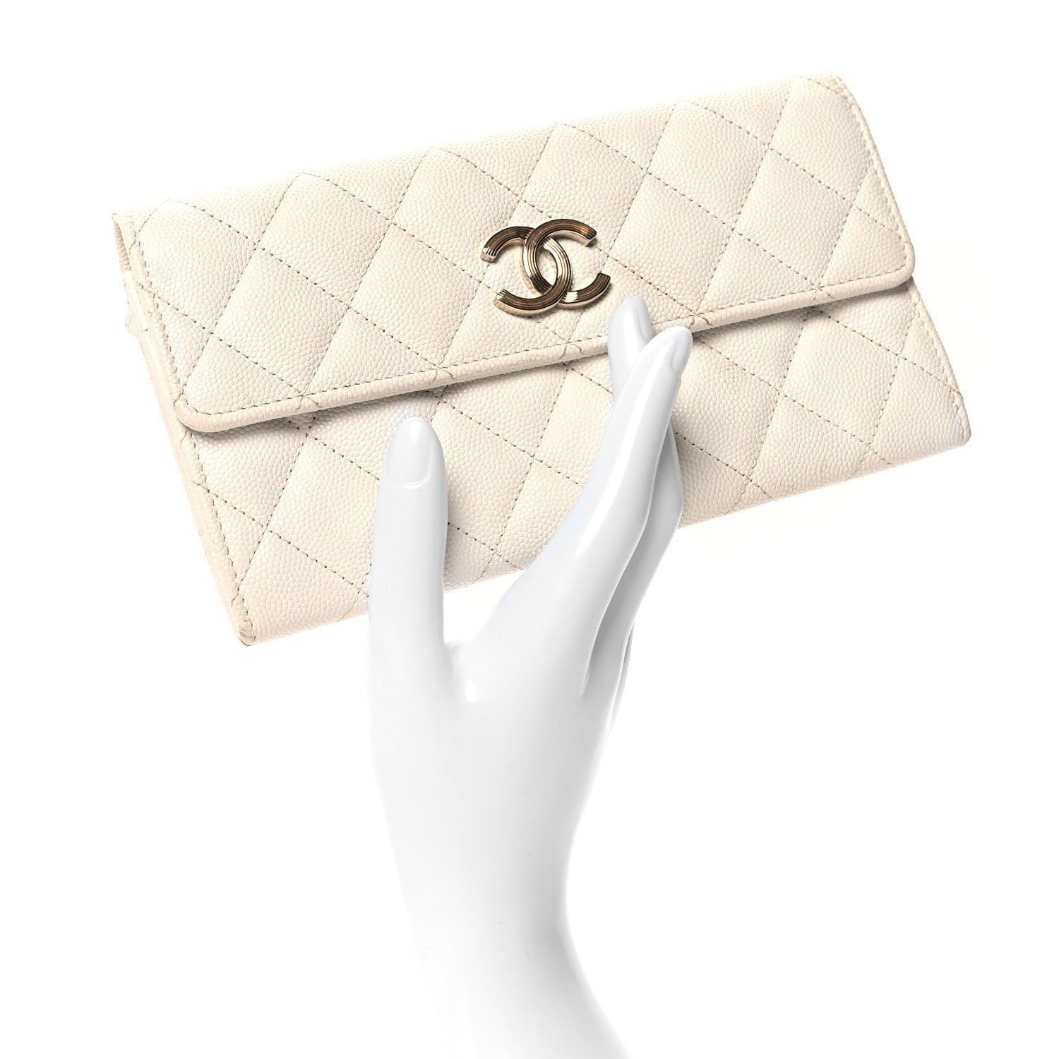 Chanel Caviar Quilted Striated CC Large Gusset Flap Wallet White 2 of 9
