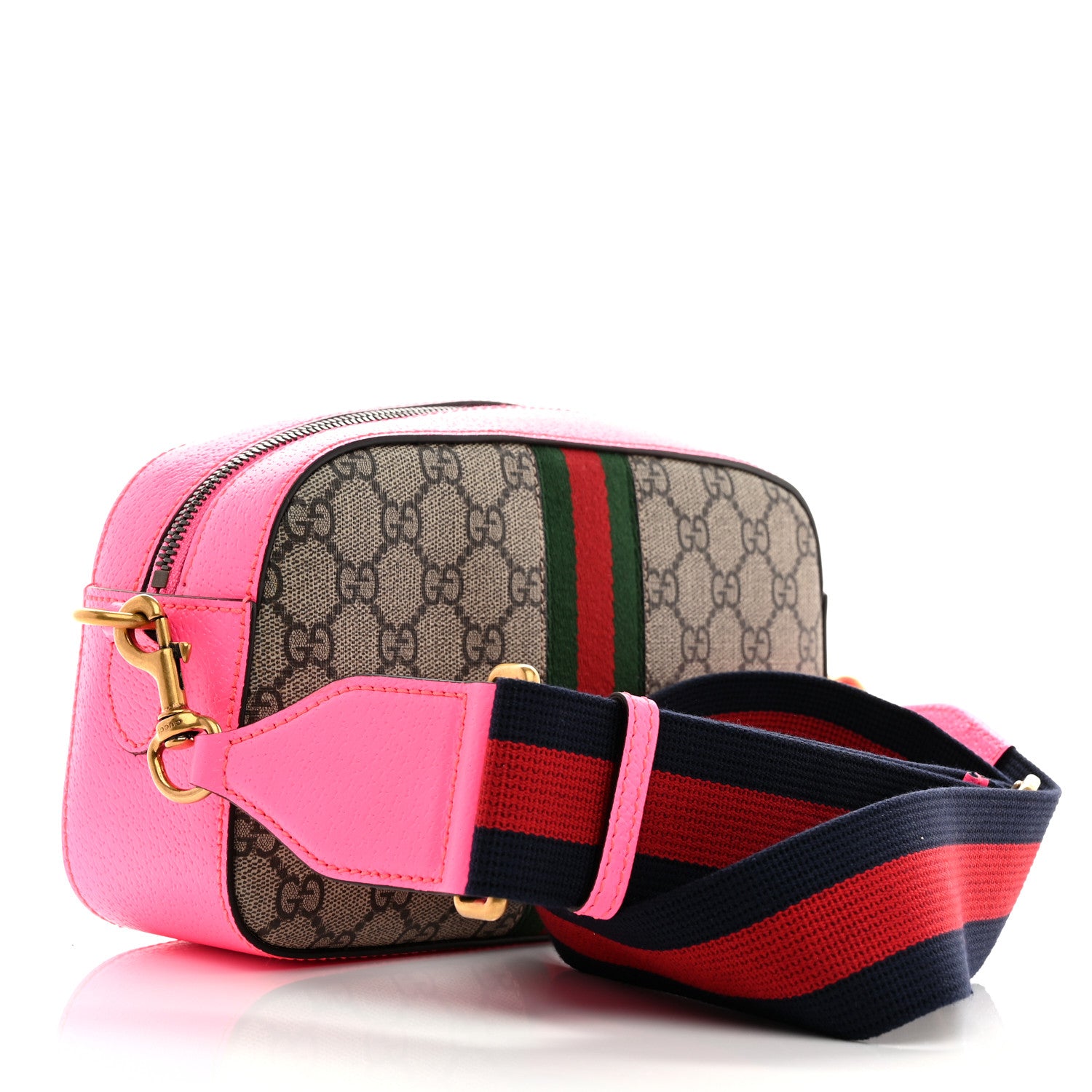 Gucci GG Supreme Monogram Textured Dollar Calfskin Web Ophidia Small Crossbody Bag Beige Ebony Fuchsia 3 of 10