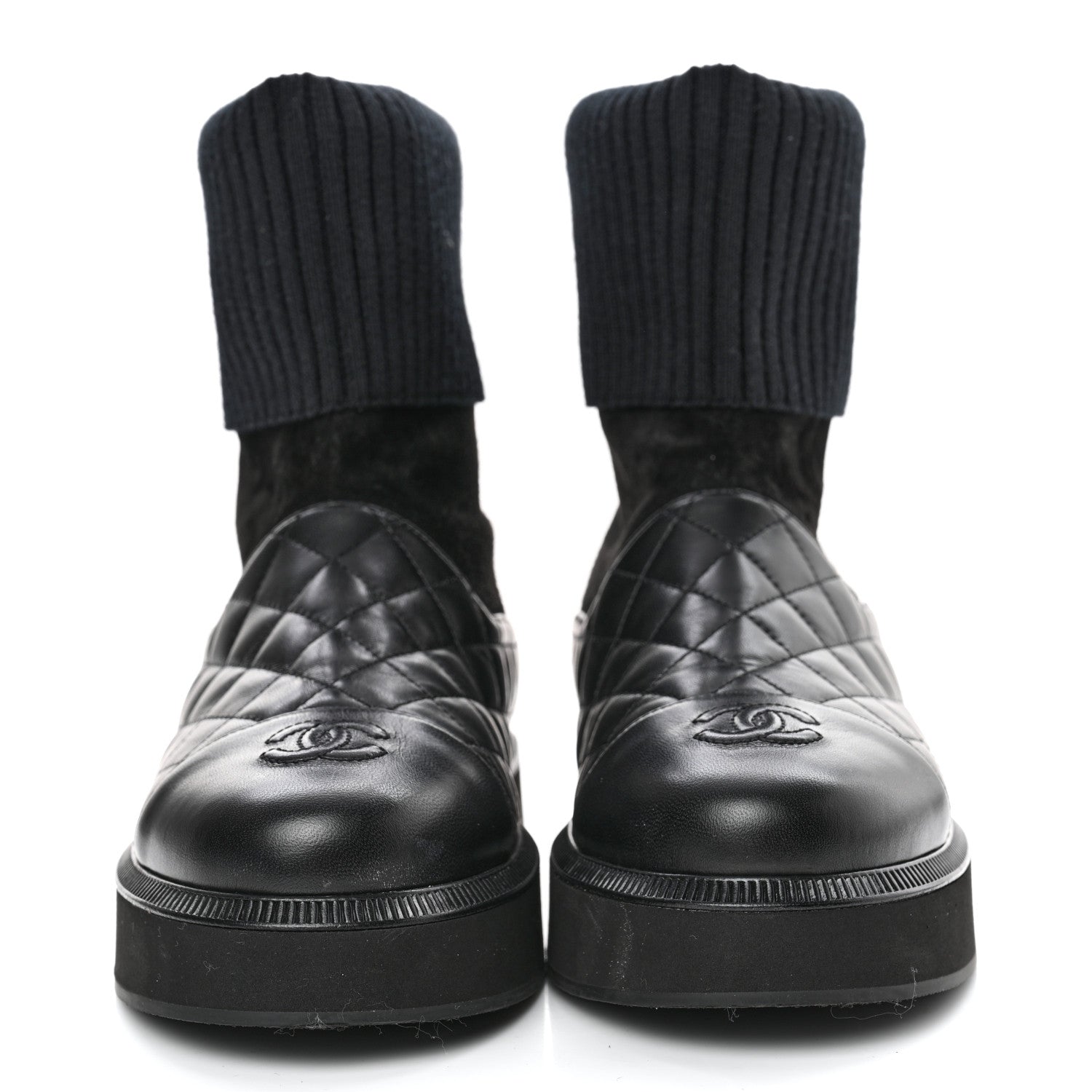 Chanel Suede Lambskin Calfskin Knit Womens Ankle Boots 37.5 Black 2 of 8