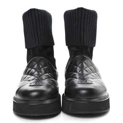 Chanel Suede Lambskin Calfskin Knit Womens Ankle Boots 37.5 Black 2 of 8